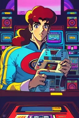 a millineal teenage boy is playing video arcade games, bright colored clothes from the 90s, hairstyles of that time