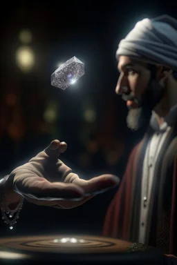 diamond levitating between a magicians hand, arab clothing, rockstar portrait, photo-realistic, shot on Hasselblad h6d-400c, zeiss prime lens, bokeh like f/0.8, tilt-shift lens 8k, high detail, smooth render, down-light, unreal engine 5, cinema 4d, HDR, dust effect,, smoke