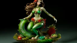 It creates the image of a mermaid with a round belly and swollen hips, holding a bowl full of colorful seafood and vegetables. She wears a seductive green tail, with seashells and corals attached, and a scallop shell bikini top. Her long, flowing hair is dyed shades of seaweed green and her lips are painted a bright red. Her gleaming green scales shine in the light,