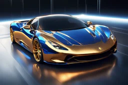 FERRARI GOLD BLUE CHROME design, high quality, 3d render, digital art, 32K ultra hd, hyper realistic, cinematic, high definition, new design, tron style, ultra detailed atmospheric details, beautiful glowing effects, sparkle effects, MULTICOLORS, METAL MATERIAL,