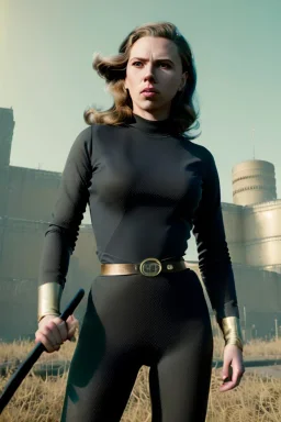 retro portrait image from 1960, Moscow background, wind, long hair, fighting stance, sweet young Scarlett Johansson, classic black tight lycra suit, metal stick weapon, gold bracelet and belt, high heel boots, soft color, highly detailed, unreal engine 5, ray tracing, RTX, lumen lighting, ultra detail, volumetric lighting, 3d, finely drawn, high definition, high resolution.