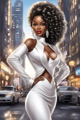 Create a digital airbrush cartoon of a curvy African American female wearing a white business suit with white heels. Prominent make up with hazel eyes. Highly detailed very long extremely curly black hair. She is wearing silver and diamond Jewely that shines of the lights. Her skin is smooth and silky. Background of a busy city street