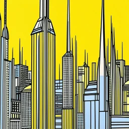 A light yellow metropolis with electrical towers painted by Roy Lichtenstein