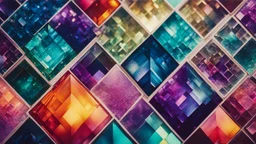 A close-up photomicrograph of crystals seen through crossed polaroids, revealing vibrant colors and intricate geometric patterns that resemble abstract stained glass art. Scientifically accurate, beautiful award-winning photograph, enthralling, rule of thirds, balanced delightful composition, perfect lighting, superb detail, 16k render