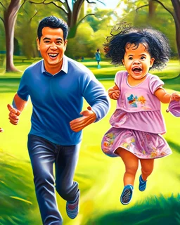 Papá alegre con sus bebes niño y niña jugando y corriendo en el parque felíz cuerpo completo colores complementarios obra de arte pintura al óleo impactante detallado ojos marrones pelo negro hiperrealista 8k coherente niño papá