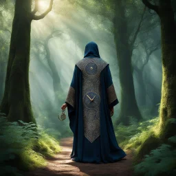 In the depths of a mystical forest, where shadows danced with secrets and whispers lingered in the air, a guru in robe with no head emerged. His body was covered by intricate tattoos that seemed to pulse with ancient wisdom, and a large sundial adorned his chest, marking time in a realm untouched by the ticking clock of mortal men.