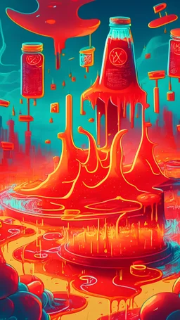 fantasy landscape of a magical pool of ketchup with sigils of financial symbols and market prices and investment charts, tomatoes, giant glowing ketchup bottles, vibrant, comic book style, visual novel style, anime vibes, glowing, stock market charts, detailed