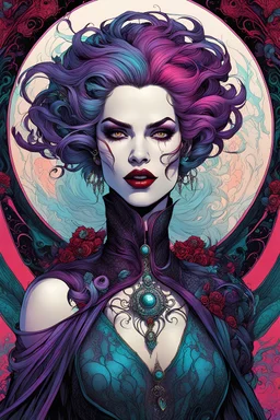 full color full body illustration of a surreal, ethereal, futuristic female vampire time traveler, with highly detailed hair and facial features in the style of Sveta Dorosheva and Travis Charest, detailed and sharply defined line work and bold inking, vibrant natural color palette, 4k, on an ornate abstract background