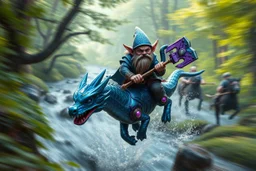 oil painting ,motion blur portrait of harpy - Forgotten Realms dodging cyberpunk dwarf with warhammer riding tiny metallic blue and purple dragon above water and along winding branches in lush green forest along speeding horses , bokeh like f/0.8, tilt-shift lens 8k, high detail, smooth render, down-light, unreal engine, prize winning