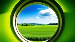 A double Olympic ring-shaped window in a paneled concrete wall offers a view of a vibrant, lush green field under a clear blue sky. The arched shape of the window focuses the view and creates a sense of symmetry. The wall is rough and aged, adding a rustic charm to the scene. The contrast between the rough wall and the soft, grassy field enhances the visual appeal of the image.