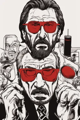 a tough looking, angry Hans Gruber wearing solid red glasses