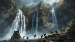 rotting zombies falling from the top of a 3.000 feet high waterfall. fantasy setting, horror. exquisite realism, a masterpiece, fantasy concept art, dynamic lighting, hyperdetailed, intricately detailed, deep color, Unreal Engine, volumetric lighting, Epic cinematic brilliant stunning intricate meticulously detailed dramatic atmospheric maximalist digital matte painting