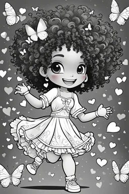 create a coloring page of a chibi girl with a curly afro ponytails dancing around hearts and butterflies. she smiles while shes playing with her kitten, black and white