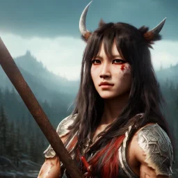 Barbarian anime character carrying a battle axe, animal hide armor, physically fit, tribal tattoos, scars, washboard abs, red facepaint, green hair, dark eyeshadow, intricate eyeliner, soft round eyes, beads in hair, 8k resolution, cinematic smooth, intricate details, vibrant colors, realistic details, masterpiece, oil on canvas, smokey background