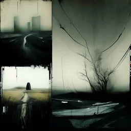 A abstract painting a by Justin Mortimer and Ashley Wood of a concrete decaying building in a Desolate mythical dark melancholy landscape with exposed wires. A lone figure wearing a adidas Parka