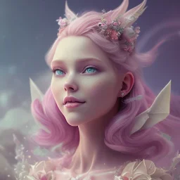 a pink castle, a cheerful fairy in front, big smile, pink, blonde hair, beautiful, whole face, whole top hair head, wide open blue eyes, transparent wings onn the back, hyperrealism, masterpiece, expert, cinematic lighting, sharp focus, 8K, pastel, macro lens, woman, detailed, flower