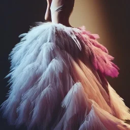 dress made out of feathers and tulle, stunning colors, chiaroscuro, fashion photography, vogue, dramatic, beautiful lighting, delicate composition, aesthetic, ballerina, ballgown