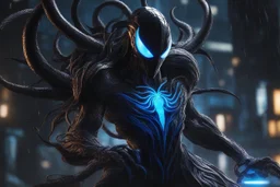 Huge symbiote in 8k solo leveling shadow drawing, Cthulhu model, neon blue lights, rain, intricate details, highly detailed, high details, detailed portrait, masterpiece,ultra detailed, ultra quality