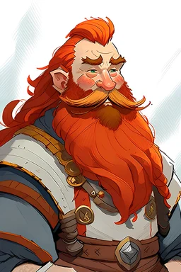Mountain dwarf cleric with long red hear, amber eyes ghibli style