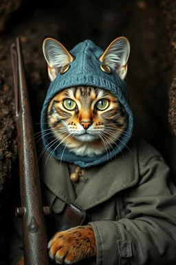 cat with shark mask hat solana in the ww3 trenches in the style of banksy