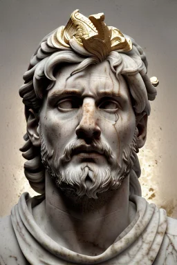 Ultra Realistic image, Roman sculpture, white marble material, Lionel Messi, gold Laurel leaves wreath, renaissance ornaments, one gold star in heart, marble background, chisel style, waist up portrait, emperor style, epic, celestial, cinematic lighting, God light, god rays, 4k resolution, smooth details, ornate details, soft lighting, unreal engine 5, art station, substance 3d.