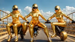 Hyperrealistisch Rollergirls völlig verhüllt von golden glänzendem Ganzkörper-Zentai mit geschlossenem Visier in identischen goldfarbenen, geschlossenen Motorradhelmen fahren auf Rollschuhbahn in Formation nebeneinander mit Rollschuhen eine Kurve entlang