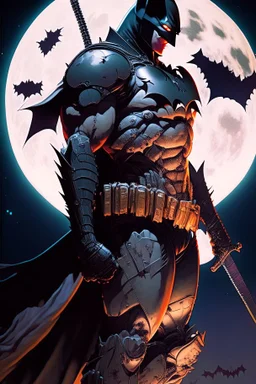 a cyber samurai batman standing in front of a full moon, masayoshi suto and artgerm, artgerm and genzoman, batman mecha, as seen on artgerm, batman beyond, featured on artgerm, artgerm comic, artgerm greg rutkowski _ greg, style of artgerm, artgerm and ben lo and mucha