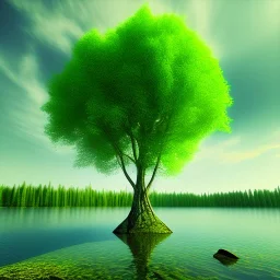 beautiful green Tree, in front of a lake, photorealistic