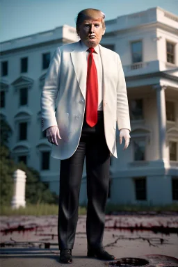 Ultra realistic image night, Donald trump zombie performance, suit, blood, torn arm, night, the walking dead style, dark ambient, highly detailed, White House background, concept art, unreal engine 5, ray tracing, RTX, focal lighting, ultra detail, volumetric lighting, 3d, finely drawn, high definition, high resolution.