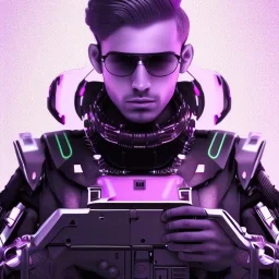 cute man, handsome man in futuristic suits, black and white highlight hair color, pink and purple background, pink lighting, deep purple backlighting, gun, smoke, robot suits