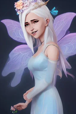 Fantasy fairy with transparent wings, smiling, make up, long platinum blond hair with crown and flowers, blue dress