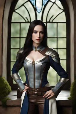 pale skin, Realistic photography, realism, model figure, female half elf, beautiful, young, dark hair, long and subtle stylish layer straight hair style, front view, intricate white leather armor with blue streaks, dark aristocrat pants, standing, blue detailed plating, detailed part, brown dark eyes, green garden background behind window, dawn, full body shot, looking at viewer
