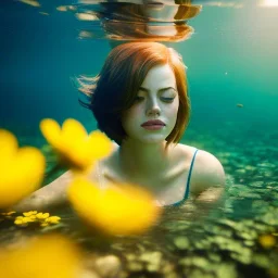 Emma Stone underwater with yellow flowers for hair, closed eyes, rtx, reflection, 8k, glow, winning photography, caustics