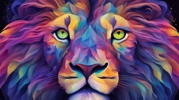 A mesmerizing abstract portrait of a lion face, where her eyes, nose, and lips are vividly depicted in a kaleidoscope of colors. The eyes sparkle like a night sky filled with fireflies, while the nose and lips showcase a vibrant dance of purples, blues, reds, greens, and yellows. The silhouette of the face houses a dreamlike landscape of a forest, evoking a sense of ethereal wonder. The background is a swirl of dark and intense hues, reflecting a chaotic and dynamic environment. The overall m