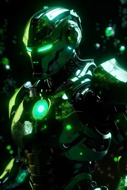 guerrier cyborg lumiere verte crital dans l'espace