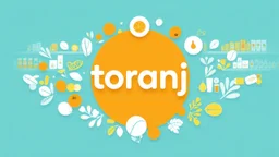 A beautiful design with the word "toranj" in the middle, surrounded by items available in the supermarket, with a theme of orange, moon, blue, and white, with light, amazing, and attractive colors.