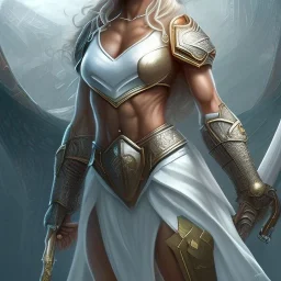 fantasy setting, giant woman, big muscles, more muscles, white dress, full body