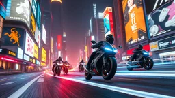 A futuristic race through a neon-lit city, where flying motorcycles leave trails of light as they zoom between towering holographic advertisements. Photographic quality and detail, award-winning image, beautiful composition.