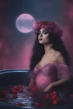 full body portrait - the corpse bride, wearing a pink, bikini in a hot tub - 32k, UHD, 1080p, 8 x 10, glossy professional quality digital photograph - dark blue and dark red, and light maroon and purple and foggy black gradated background with a paint splattered wall, strawberries, stars, planets, galaxies, an assortment of bright, colorful floral arrangements, black roses, blue roses, red roses, yellow roses, pink roses, dandelions, honeysuckle roses, tulips, carnations,