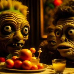 Close-up shot of ultra realistic odd monsters dining, Egon Schiele, vivid, deep 3d field, ultra realistic, Egon Schiele, hypermaximalist figures, light, Italian 1970's odd movie, hilarious, Minicavio Quollati style, photography by Marlost Endgulp, ornate, 4k, photorealism