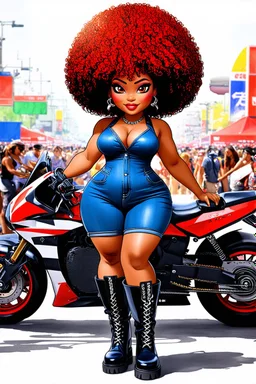 abstract art illustration of the chibi cartoon character, a voluptuous black female in a blue jean outfit with biker boots. Her prominent makeup and hazel eyes, along with her detailed red curly tight afro, are featured in this image, set against the background of a lively bike show. ink wash