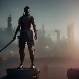 person with a sword overlooking a cyberpunk city