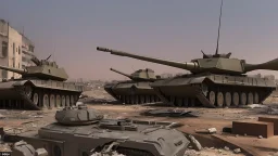 Israeli soldiers and tanks stand on a very large chessboard in the middle of a destroyed city