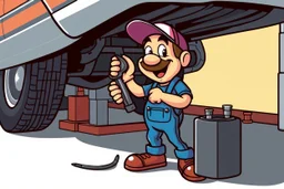 retro cartoon mascot of a vehicle mechanic, under a vehicle doing an oil change