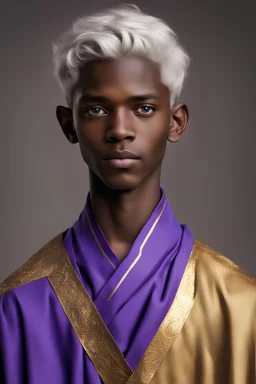 sixteen-year-old boy, dark-skinned, white-haired, and blue-eyed, dressed in a purple and gold tunic