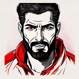 comic style, a man, Persian, face, portrait, looks forward, a part of his face is red