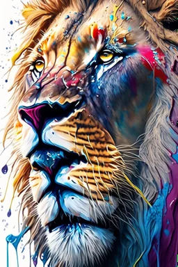 "lion", clean design, epic Instagram, art station, splash of colorful paint, contour, ((solid white background)), closeup, looking into camera, hyperdetailed intricately detailed, unreal engine, fantastical, cinema lighting, intricate detail, splash screen, complementary colors, fantasy concept art, 8k resolution, DeviantArt masterpiece, watercolor, paint dripping