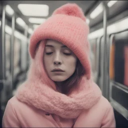 Billie elh, sad,in the metro in the style of a polaroid,, pink,orange, with a knitted hat, eyes closed