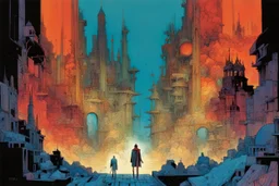 create a wildly imaginative illustration of an ethereal, otherworldly , vibrant and thriving, maze like antediluvian metropolis, in the comic book art style of Bill Sienkiewicz, Mike Mignola, and Jean Giraud Moebius, finely drawn, colored and inked, suffused with dramatic natural light and shadow