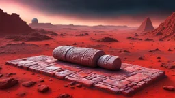 an ancient abstract nonfigurative statue with ancient signals from carved, polished marble blocks lies down on the red Mars planet, background ancient ruins, strange psychedelic sky, cold colors, mystic ancient art, very detailed, cinematic, sharp focus, sci-fi style, utopistic, surreal, psychedelic fantasy